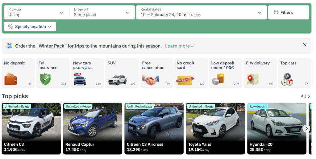 Car Rental in Ulcinj Without a Credit Card - Best Picks